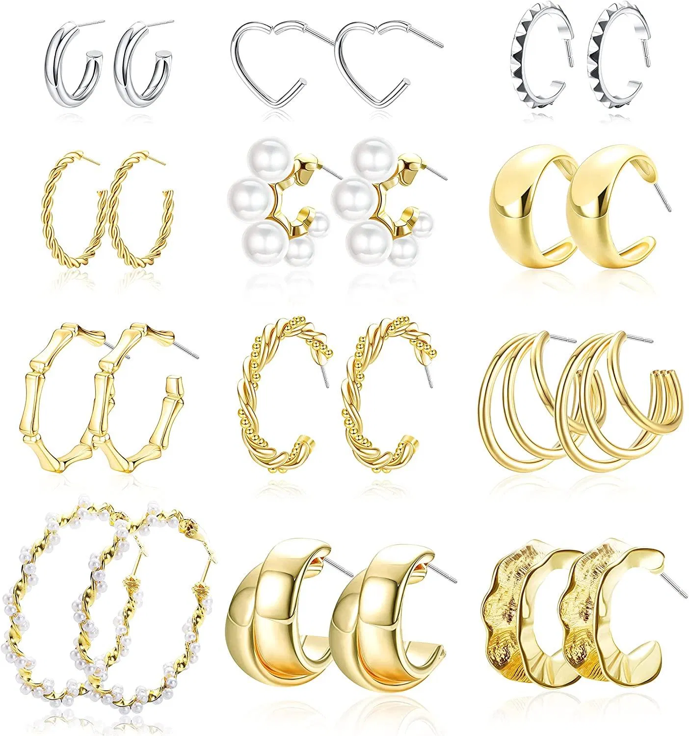 12 Paare Open Hoop Ohrringe Set für Frauen Twisted Rope Hoop Pearl Split Huggie Ohrringe Edelstahl Chunky Hoop Schmuck