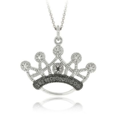 Sterling Silver Black Diamond Accent Designer Crown Pendant