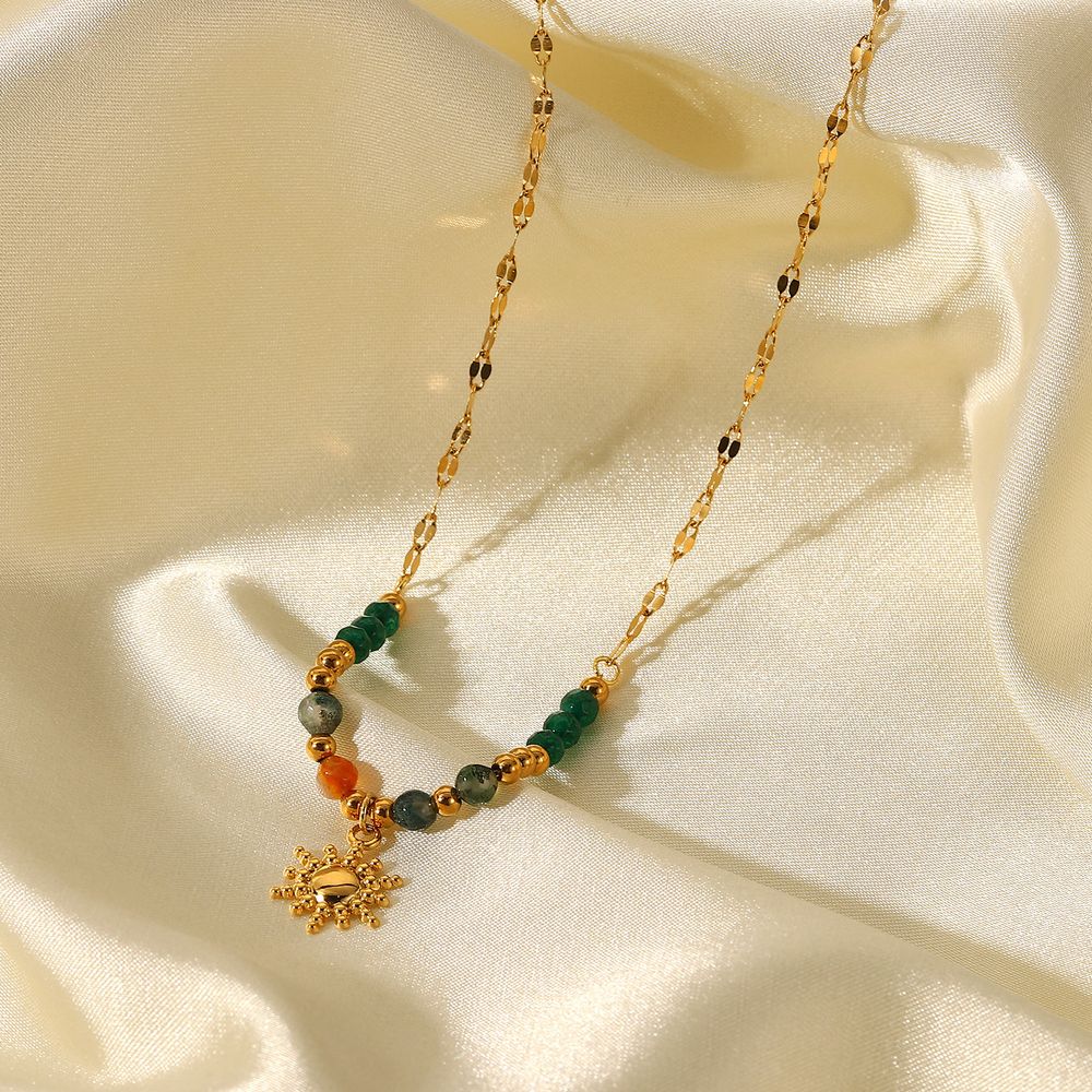 Französische Mode Retro Ins Wind Naturstein Anhänger Halskette 18k Gold Edelstahl Sonne Anhänger Titan Stahl Anhänger Für Frauen