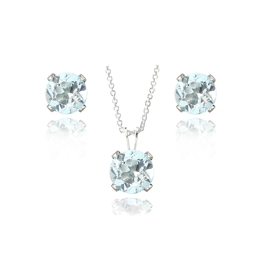 Sterling Silber 3ct Blue Topaz Solitaire Halskette & Ohrringe Set