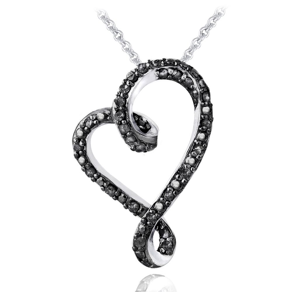 Sterling Silber 1 / 4ct Schwarz Diamant Ribbon Herz-Slide - Halskette