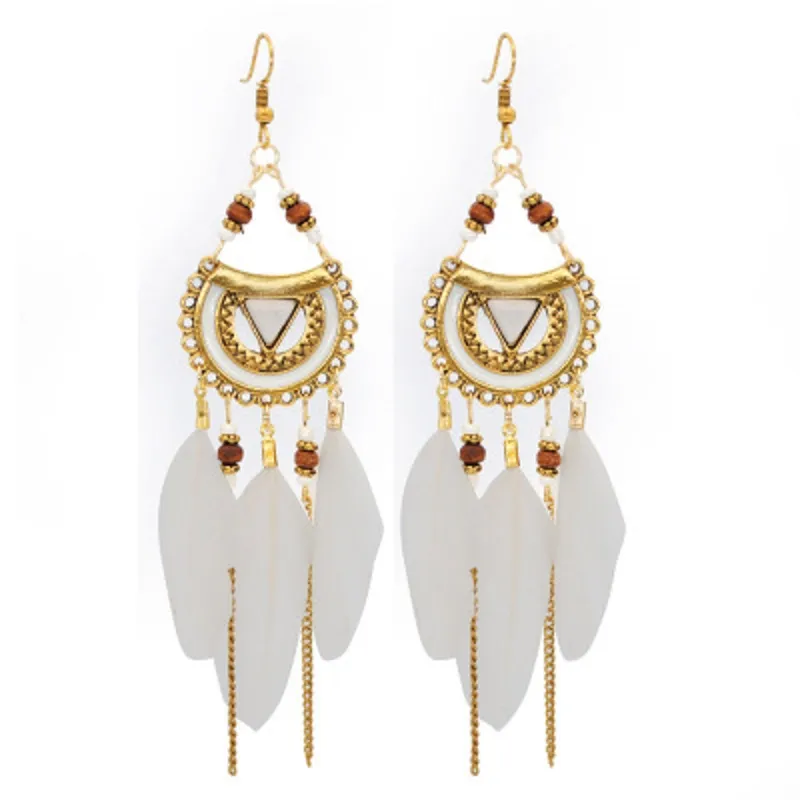 Vintage Bohemian Feather Tassel Dangle Ohrringe Hollow Out Drop Ohrringe für Frauen