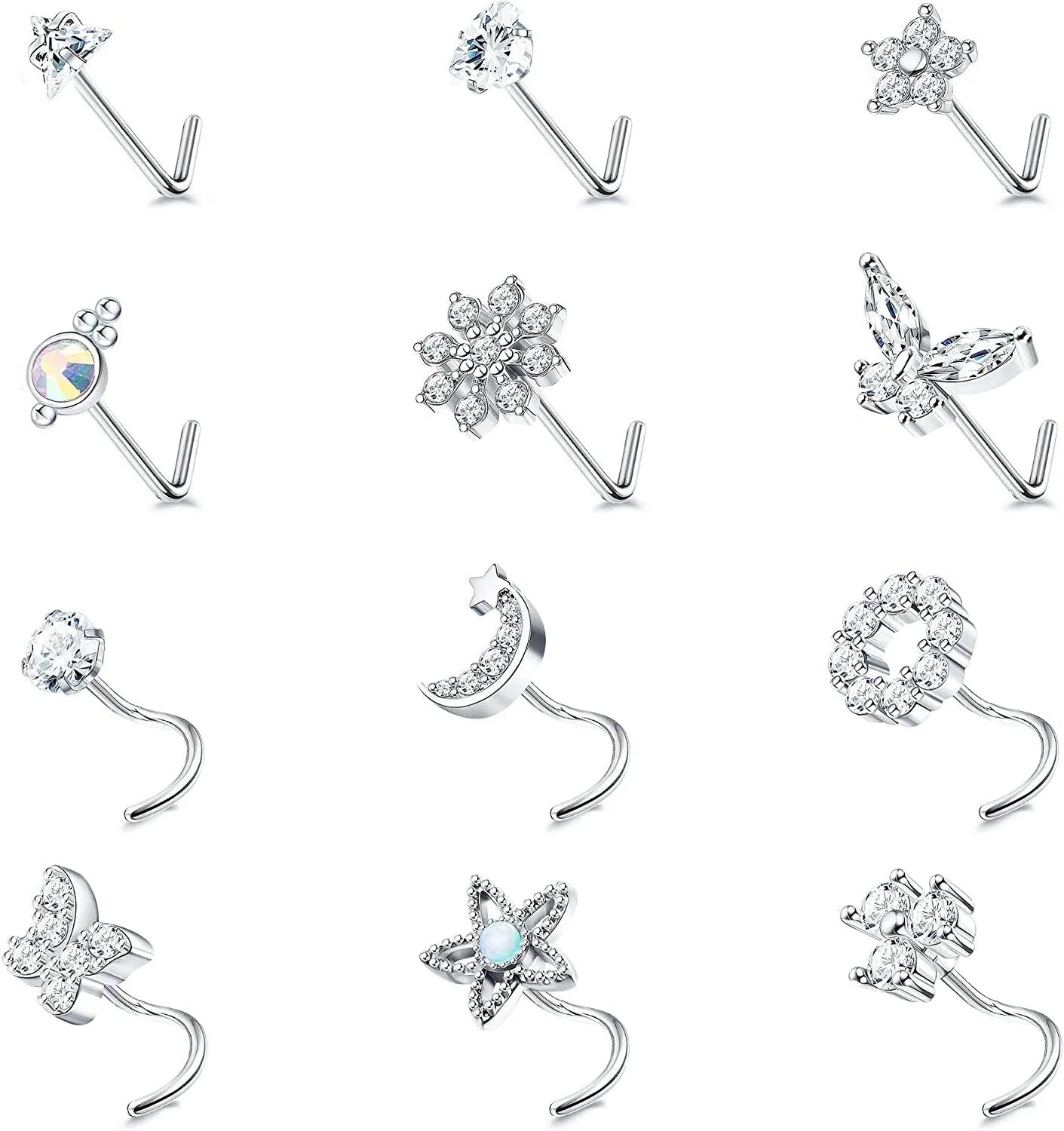 12pcs Nasenringe L-geformt S-geformt für Frauen 20G Chirurgische Edelstahl Bling CZ Opal Blume Schmetterling L Nasen Studs S Nasen Piercing Schmuck