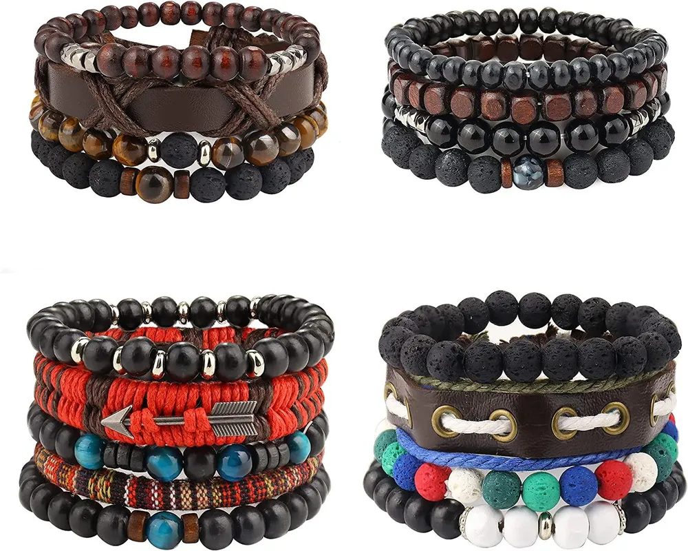 4 Sets geflochten Leder Armbänder für Männer Frauen mehrschichtige Viking-Stamm - Armbänder Perlen Hanf Faux-Leder - Armbänder Punk verstellbar
