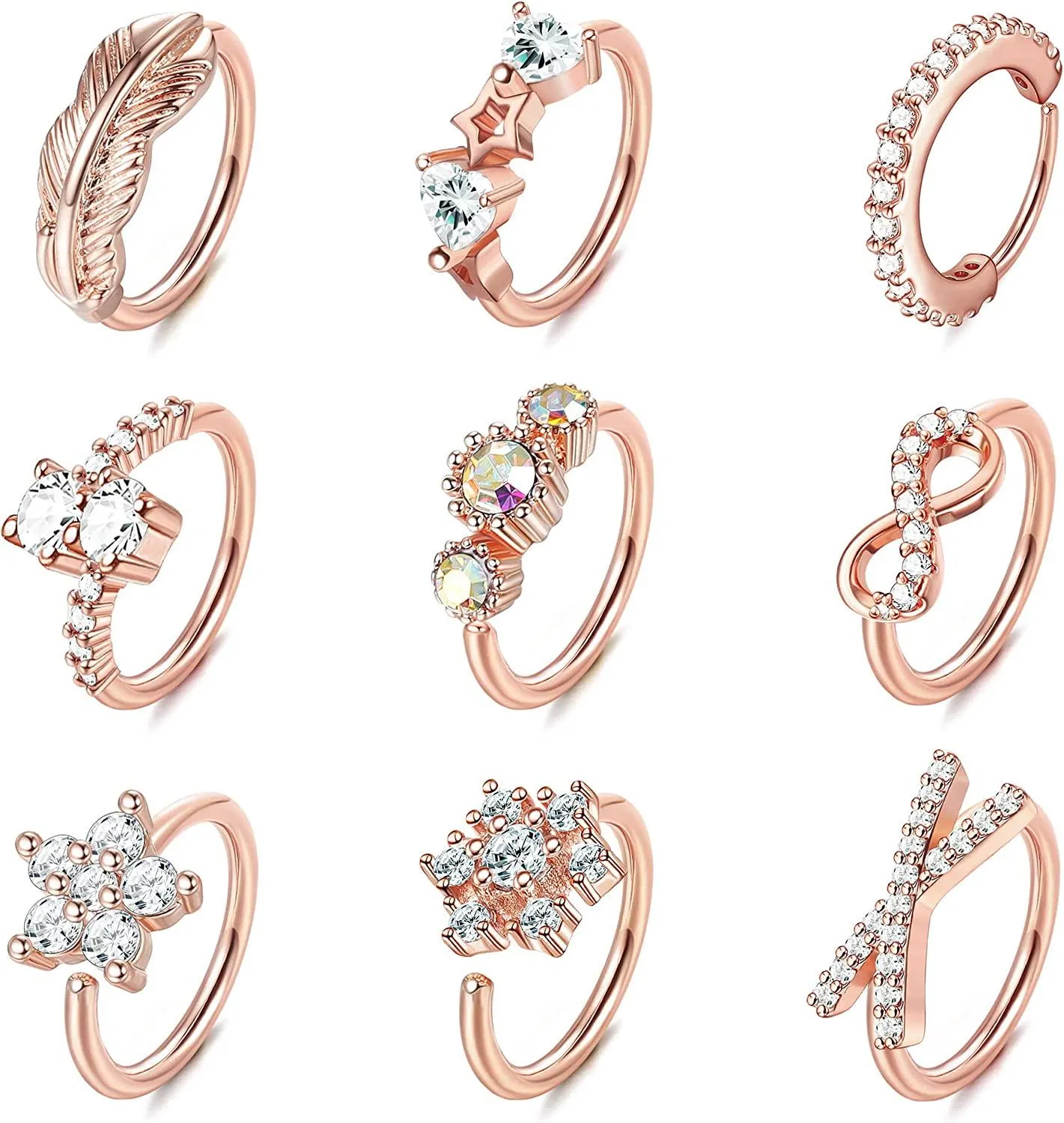 9CS 20G Nasenringe Schleife für Frauen Männer Edelsteinpflastert CZ Blatt Schmetterlingsblume Nasenschleife Ringe Crross Knorpel Helix Ohrringe Körper Piercing Schleife für Nasen Ohr