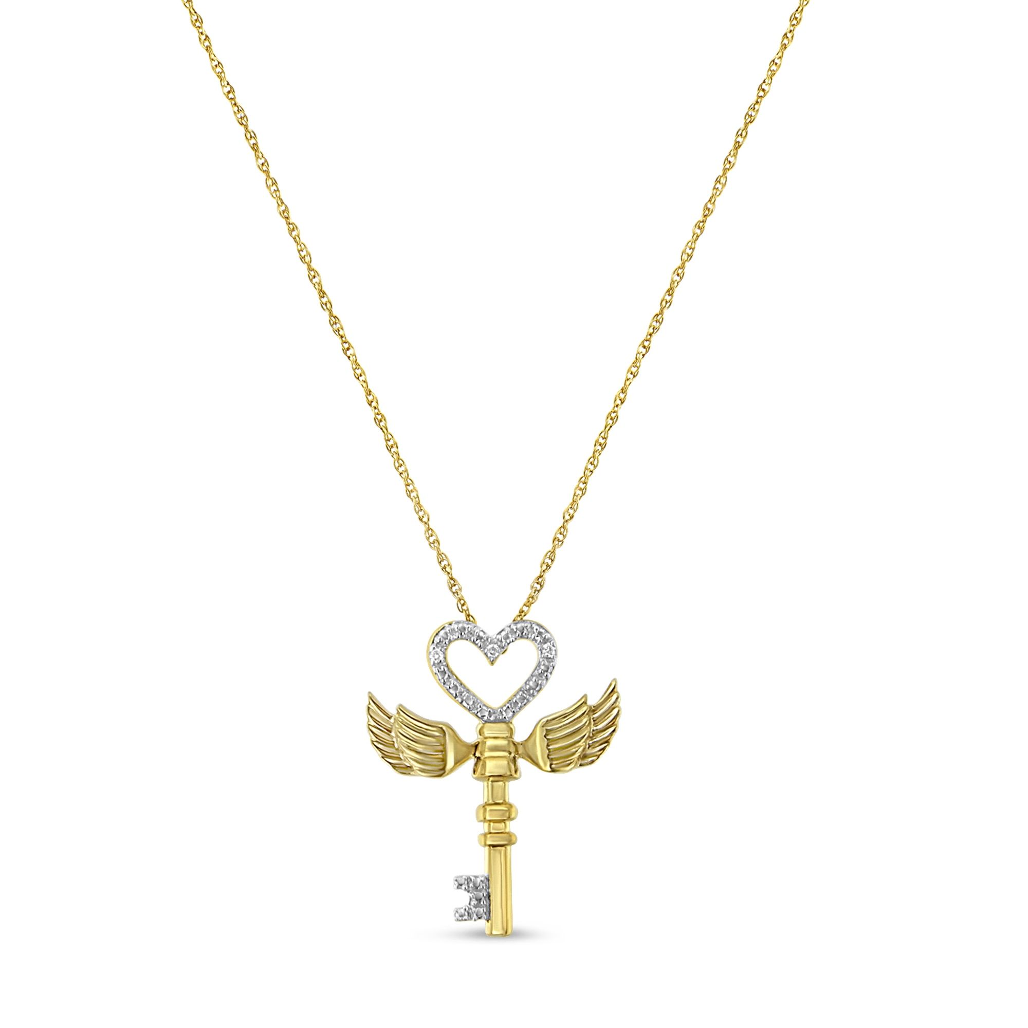 10 Karat Gelbgold über .925 Sterling Silber Diamant Akzent Herz Engel Flügel Schlüssel zum Himmel 18