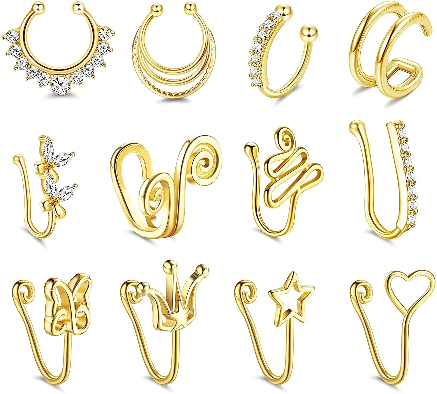 12 Stück Fake Septum Fake Nose Ring Hoop Edelstahl Clip auf Nasenring Faux Nasen Manschette Non-Piercing Cz Fake Piercings Nasenschmuck Frauen Männer