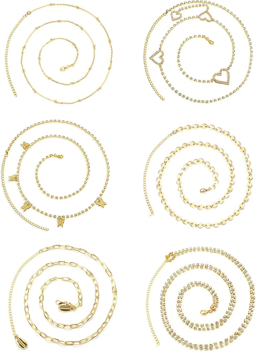 6pcs Sexy Waist Kette für Frauen Schmetterling Rhinestone Perlen Bauchkette einstellbare Körperkette für Sommer Strand Bikini