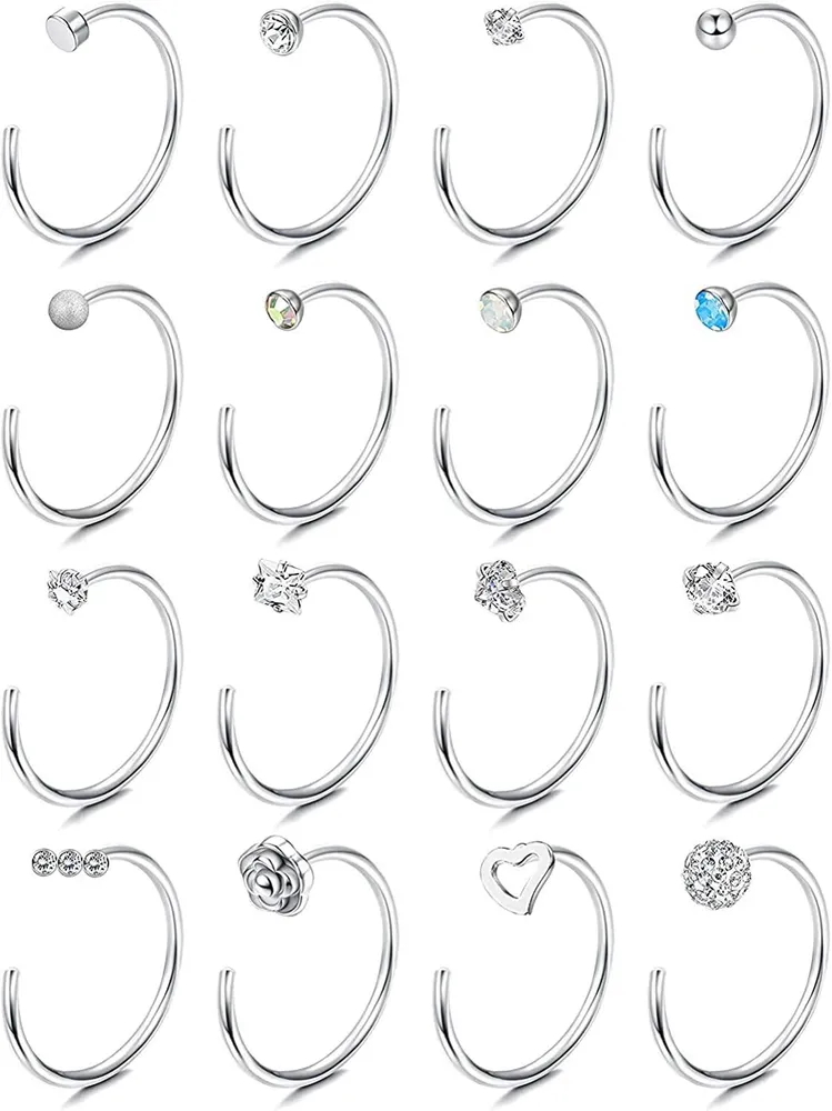 16Pcs 20G Nasenring Studs L Knochenschraube geformte Nasen Studs C-förmige Nasenringe Hoop CZ Nasen Piercing für Männer Frauen