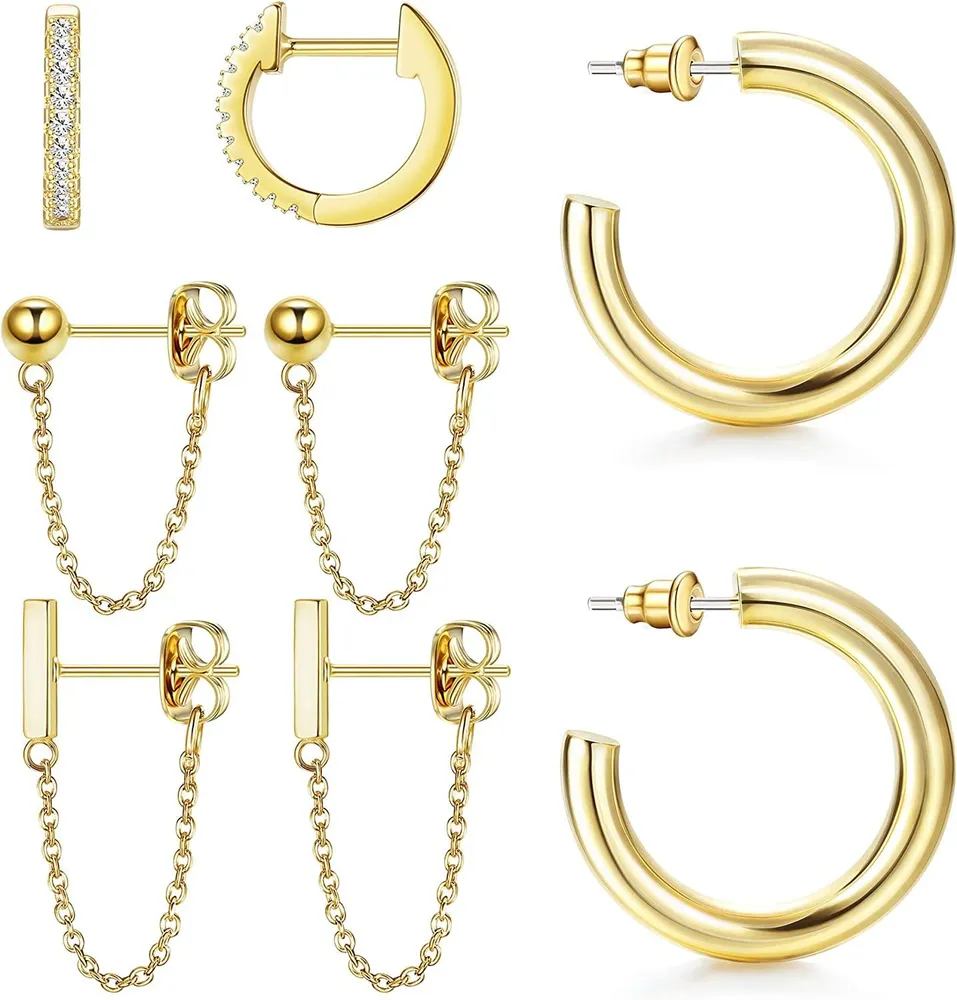 4 Paare Chunky Open Hoop Ohrringe für Frauen Huggie Studs Ketten Ohrringe Schmuckset