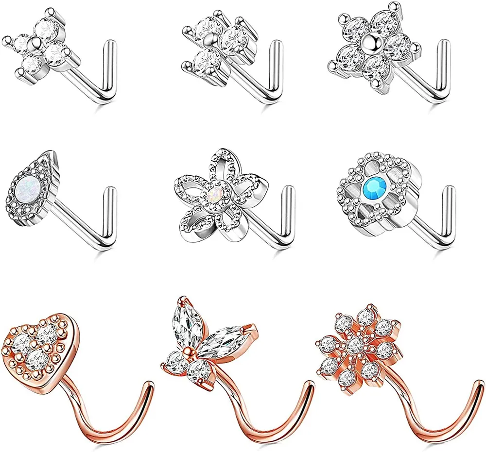 9pcs 20G Nasenringe Stud L-geformte Nasenringe Schraube Nasenringe Edelstick-Pin Gerade Nasenringe Studs Cubic Zirkonia Schmetterling Blumen Nasen Piercing Ring Set