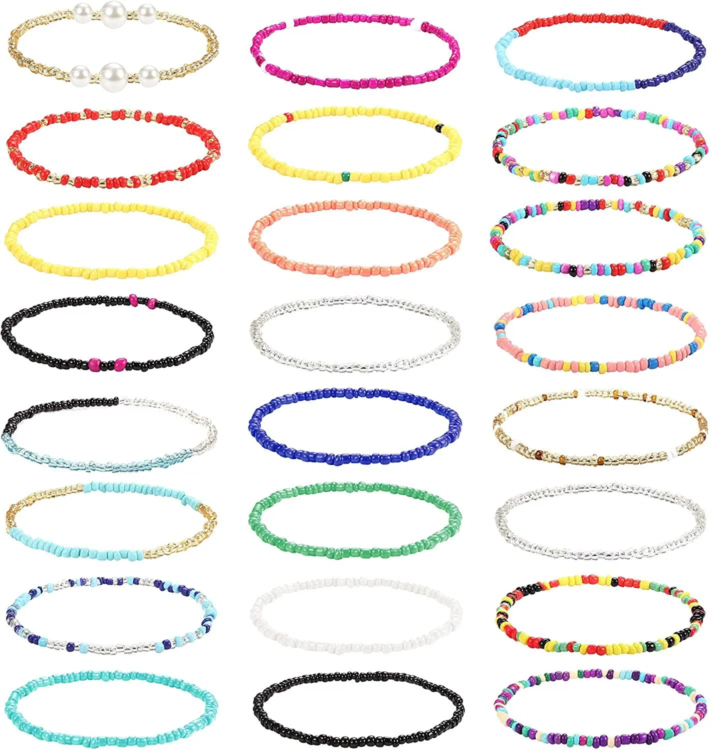 24 Stücke Handgemachte Perlen Ankleber Armbänder für Frauen Egirls Beach Boho Farbenfrohe Perlen Knöchel Armbänder Elastischer Fuß und Handketten Schmuck