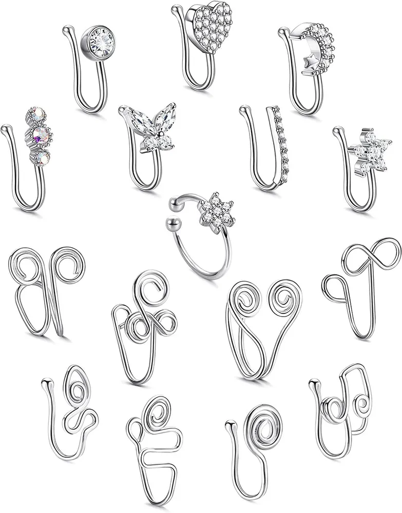 16Pcs Afrikanische Nase Manschette Nicht-Piercing für Frauen Männer Falsche Nase Ringe Piercing Schmetterling Blume Mond Stern Kristall Clip auf Nase Ring Nase für Nicht-Piercing Schmuck
