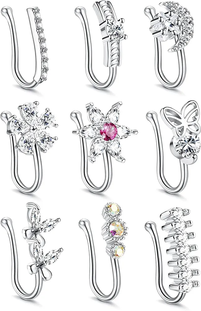9Pcs Nasenmanschette Falsche Nasenring Clip auf Nasenring Eingezogen CZ Faux Nasenringe Knorpel Tragus Ring Nasenmanschette Nicht Piercing für Frauen Männer