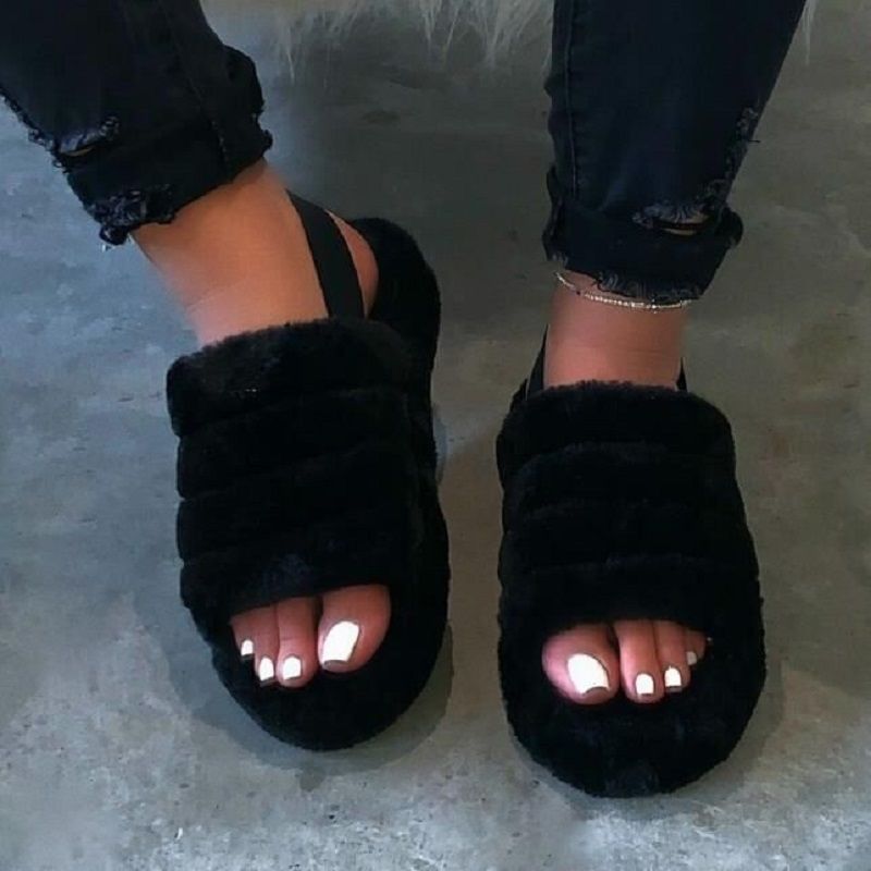 Frauen Pelz Wedge Slippers mit Knöchel Elastiksband Open Toe Winter Slides Home Slipper Plush Slip-on Fluffy Warm Indoor Slippers Comfortable