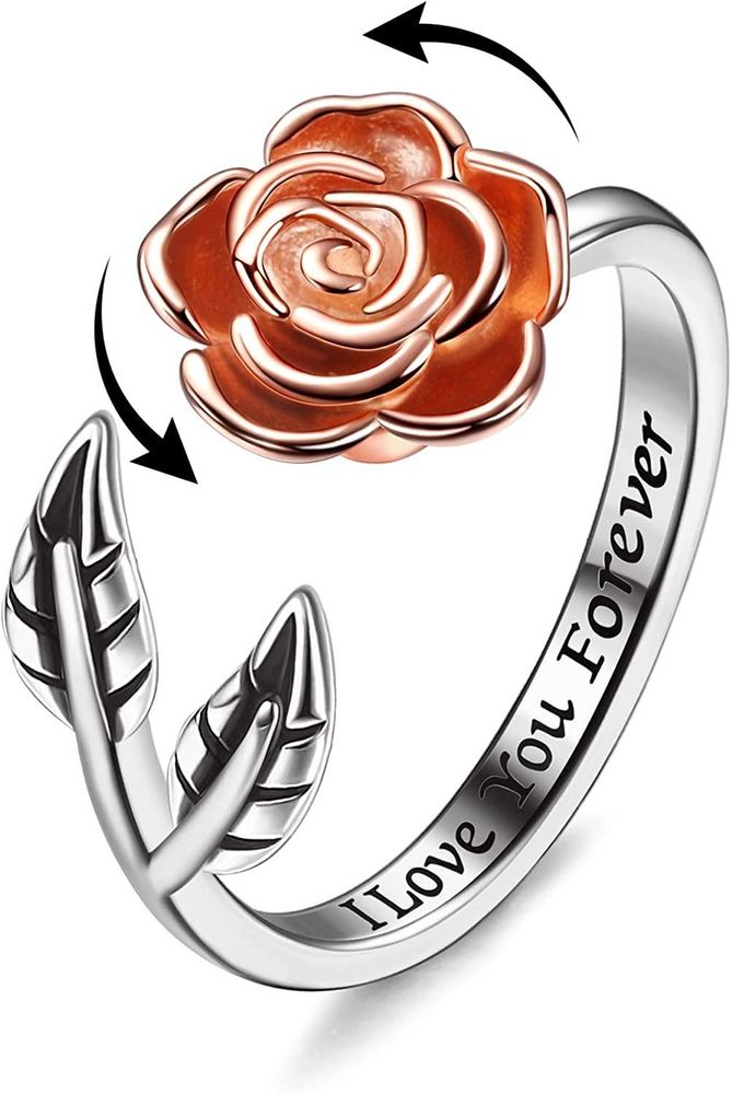 925 Sterling Silber Blumen Fidget Spinner Ringe für Frauen Mädchen Angst verstellbare Rose Open Ring Stress Linderung Stackable Ringe Anti-Angst Geschenk Größe 7
