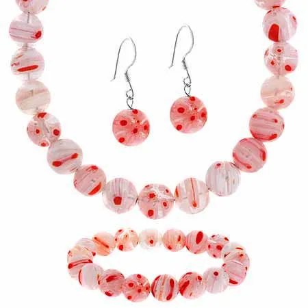 Sterling Silber Murano Glas Weiß, Rot und Orange Perlen Millefiori Blumen Armband Ohrringe und Halskette Schmuckset