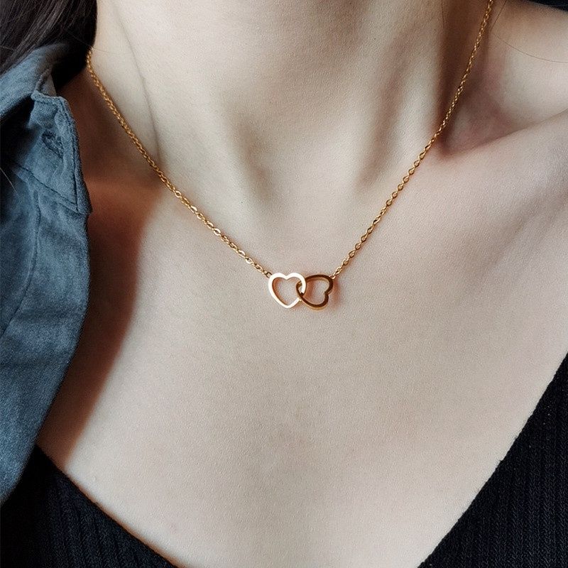 Mode Doppel Hohlherz Anhänger Halskette für Frauen Mädchen koreanischer Schlüsselbodenkette Choker Hochzeitsfeier Freundinnen Schmuck Geschenke