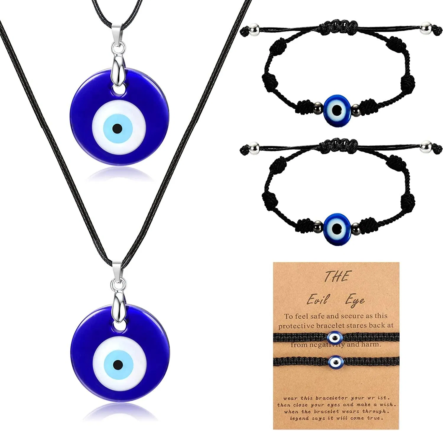 Evil Eye Kette mit Evil Eye Armband Set 4 Amulet Lucky Armbänder mit Karten 2 Evil Eye Anhänger türkischer blauer Kette Schutz Lucky Evil Eye für Frauen Männer