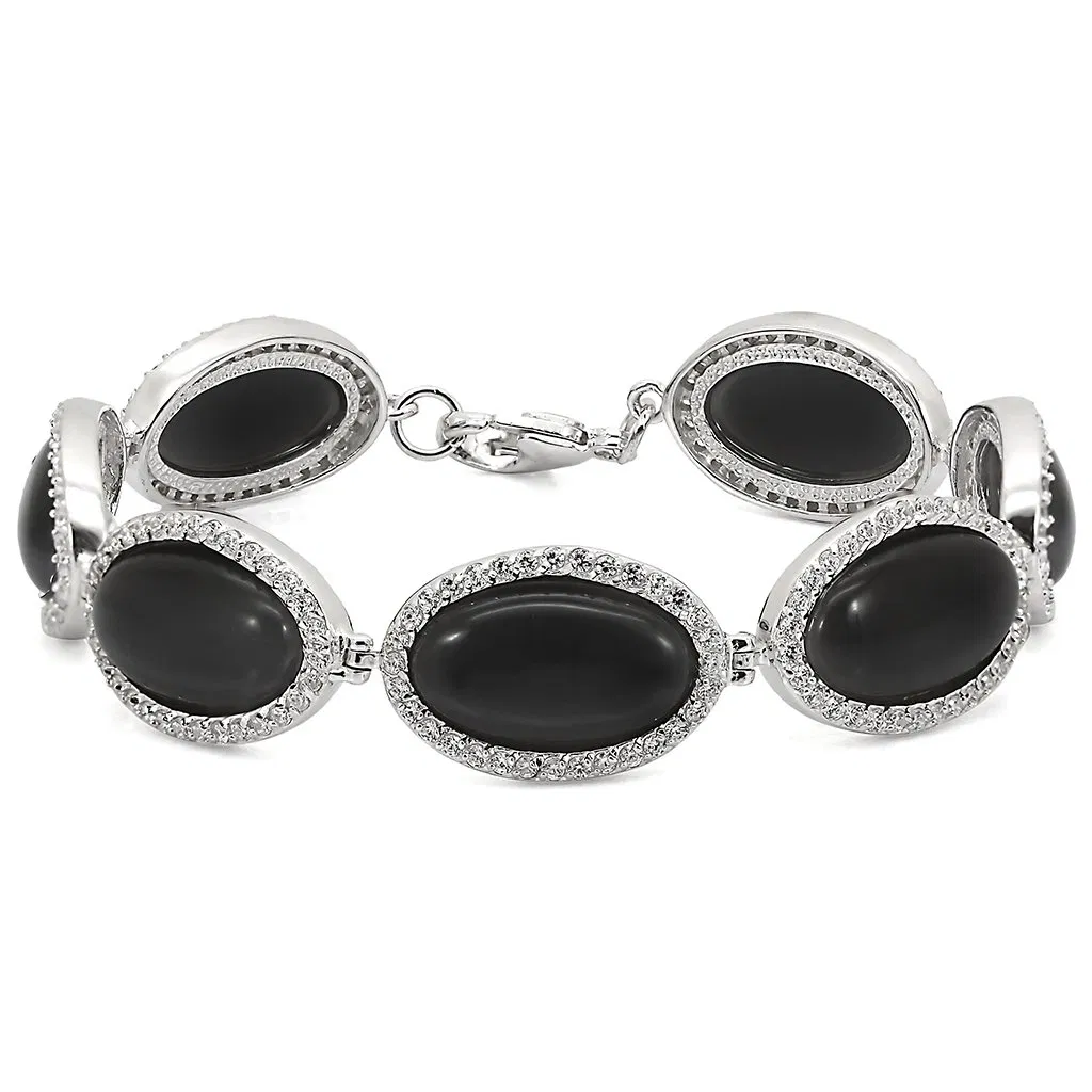 LOS330 - Rhodium 925 Sterling Silber Armband mit synthetischem Katzenauge in Jet