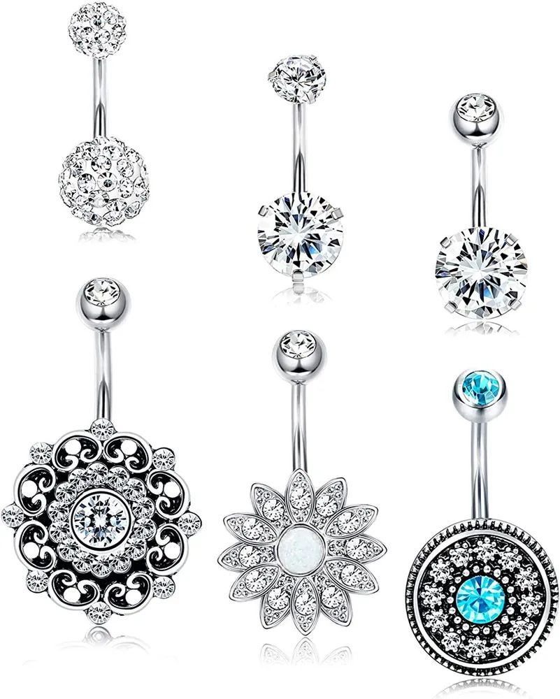 6pcs Edelstahl Bauchknopf Piercing für Frauen Mädchen Klar Faceted Round CZ Nabelschraube Körper Piercing Set