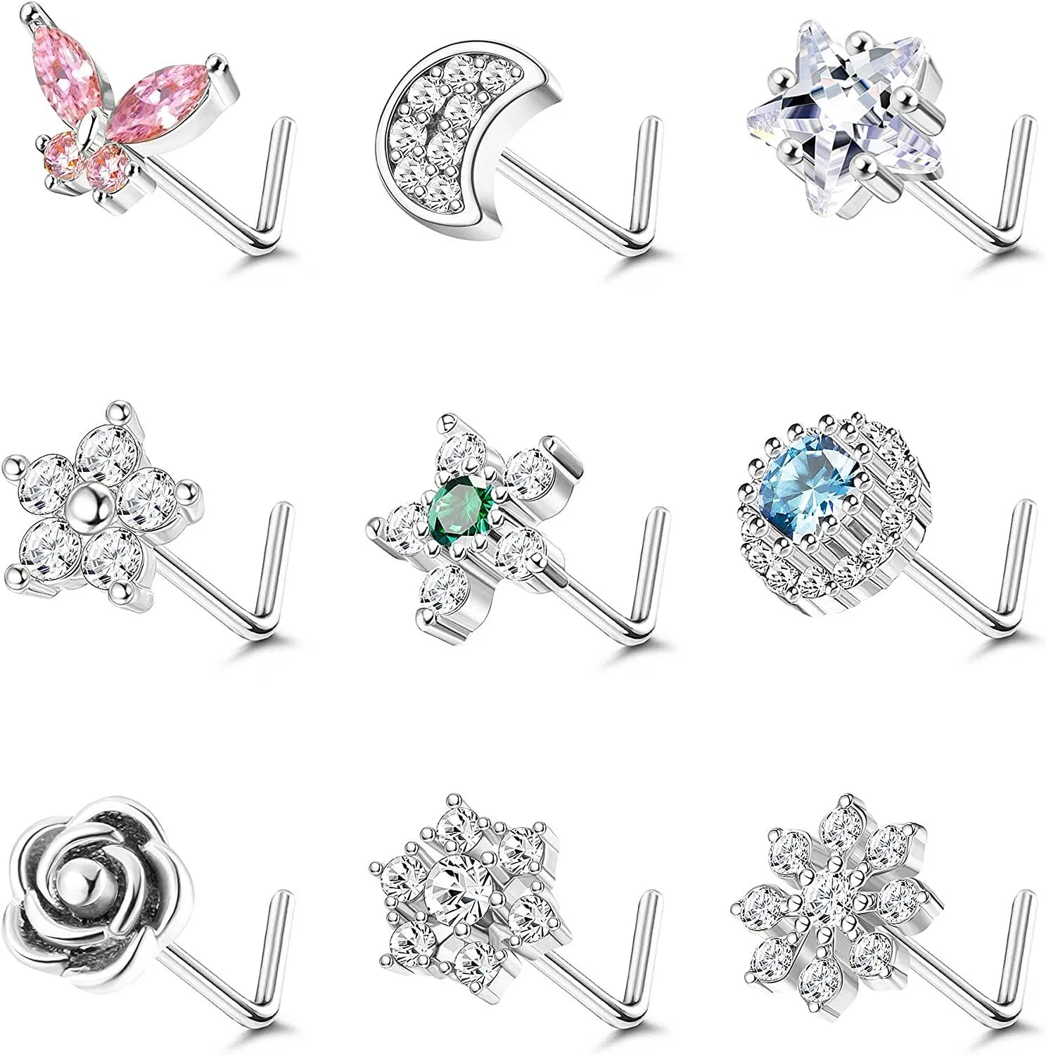 9pcs 20G Edelstahl Nasenringe Stud L-Form Mond Stern Schmetterlingsblumen Schneeflocken CZ Nasen Körper Piercing Ring für Frauen Männer