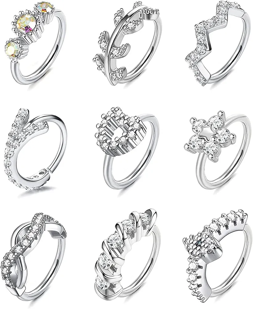 9PCS 20G Nasenringe Schleife für Frauen Männer Edelsteinpflastert CZ Blatt Herz Blumen Crawler Helix Knorpel Ohrringe Schleife Nase Ohr Piercing