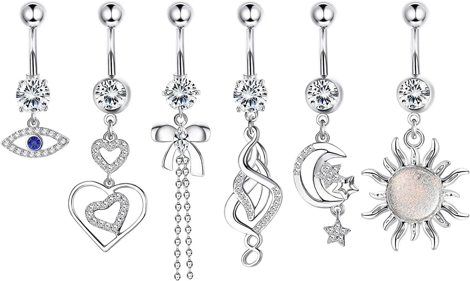 6pcs Dangle Bauchknopf Ringe Chirurgische Edelstahl für Frauen Sonne Blumen Mond Herz böse Auge 14G Nabel Ringe Barbell CZ Körper Piercing Schmuck