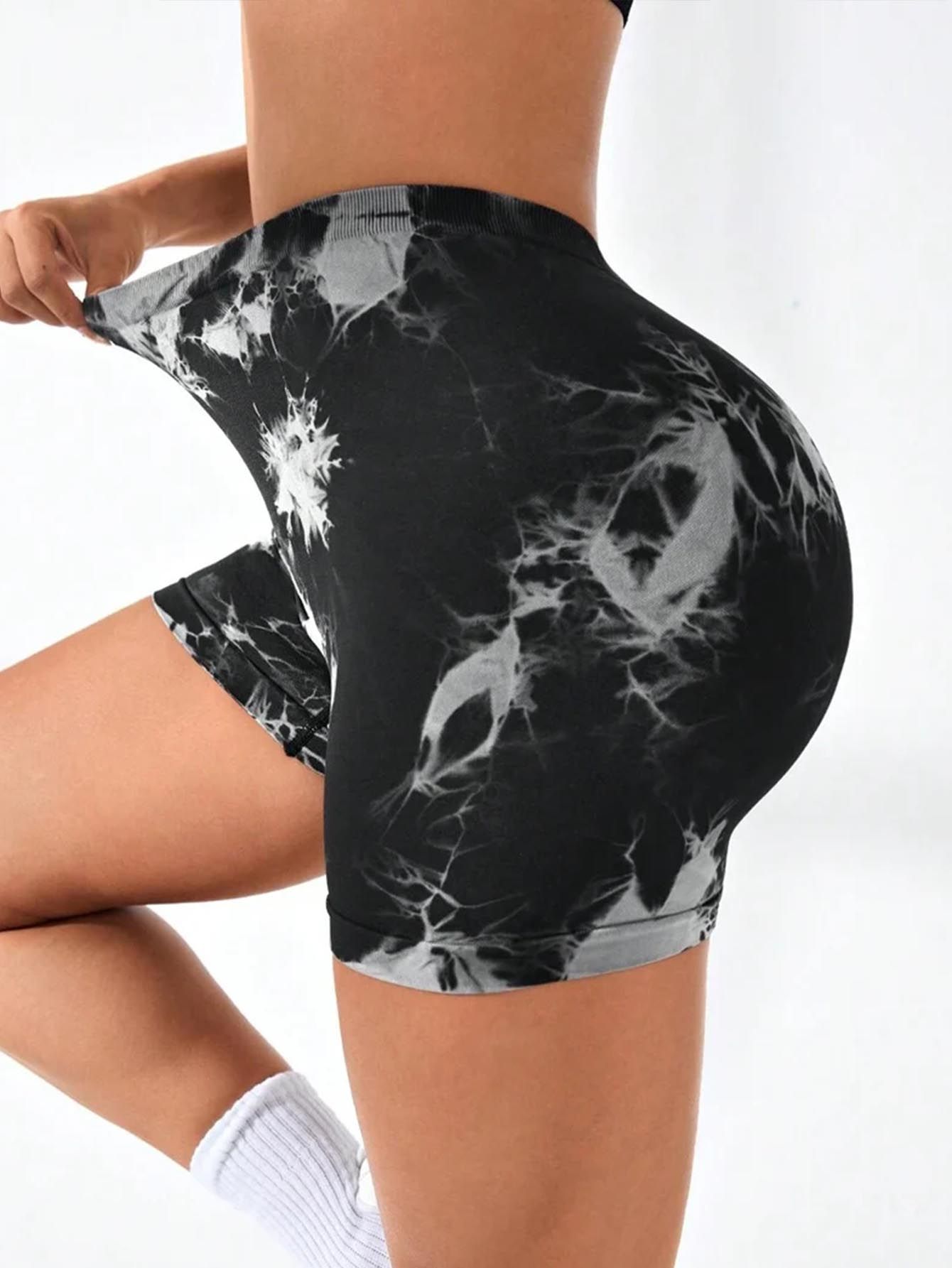 Damen Krawatte Färbung High Waist V-Back Scrunch Yoga Shorts, nahtlose Sport Athletic Shorts mit Stretch-Gewebe, Fitness Workout Bottos