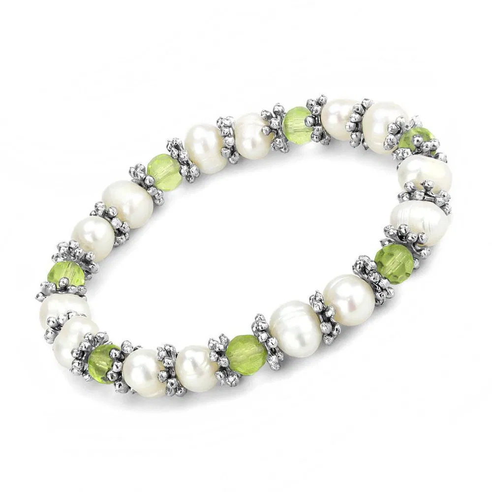 LO4653 - Antike Silber-weißes Metallarmband mit synthetischer Perle in Olivinfarbe