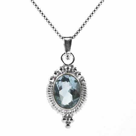 Sterling Silber Bali Perle echte blaue Topaz Stein Oval Anhänger