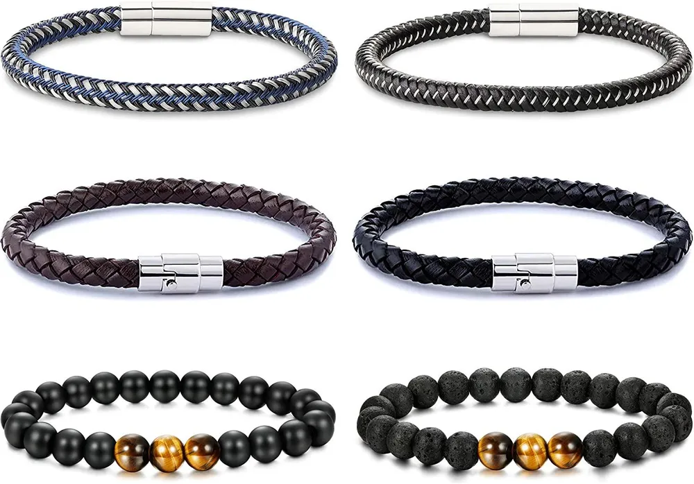 Tiger Eye Lava Rock Stone Yoga Armband Armband für Männer Frauen Edelstahl geflochten Leder Armband mit magnetischem Schloss 8 Zoll Packung von 6