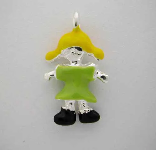 Silberner Email Grün Gelb Girl Doll * Charm