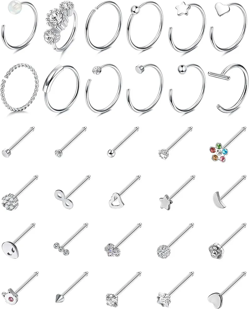 32 Stück 20G Nasenringe für Frauen Männer Edelstahl Nasenring Hoop Knochen L-Form Schraube Nasen Stud Set Silber Plated Nasen Piercing Schmuck