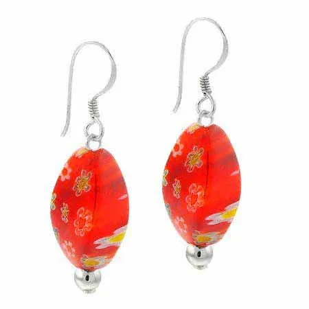 Sterling Silber Orange Millefiori Murano Glas Oval Dangle Ohrringe