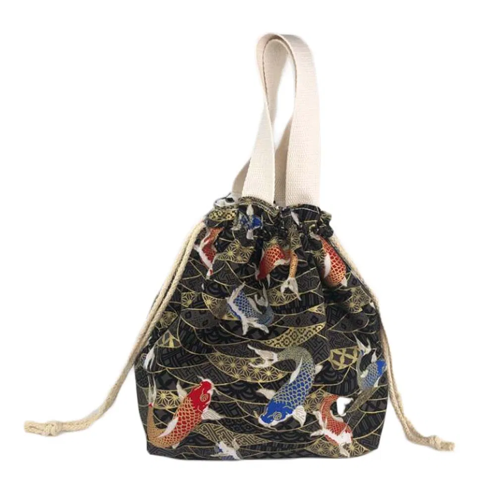 Schwarzer Karpfen japanischer Stil Drawstring Canvas Mittagessen Tasche süße Mittagessen Box Bento Tasche große Kapazität Mittagessen Tote Tasche