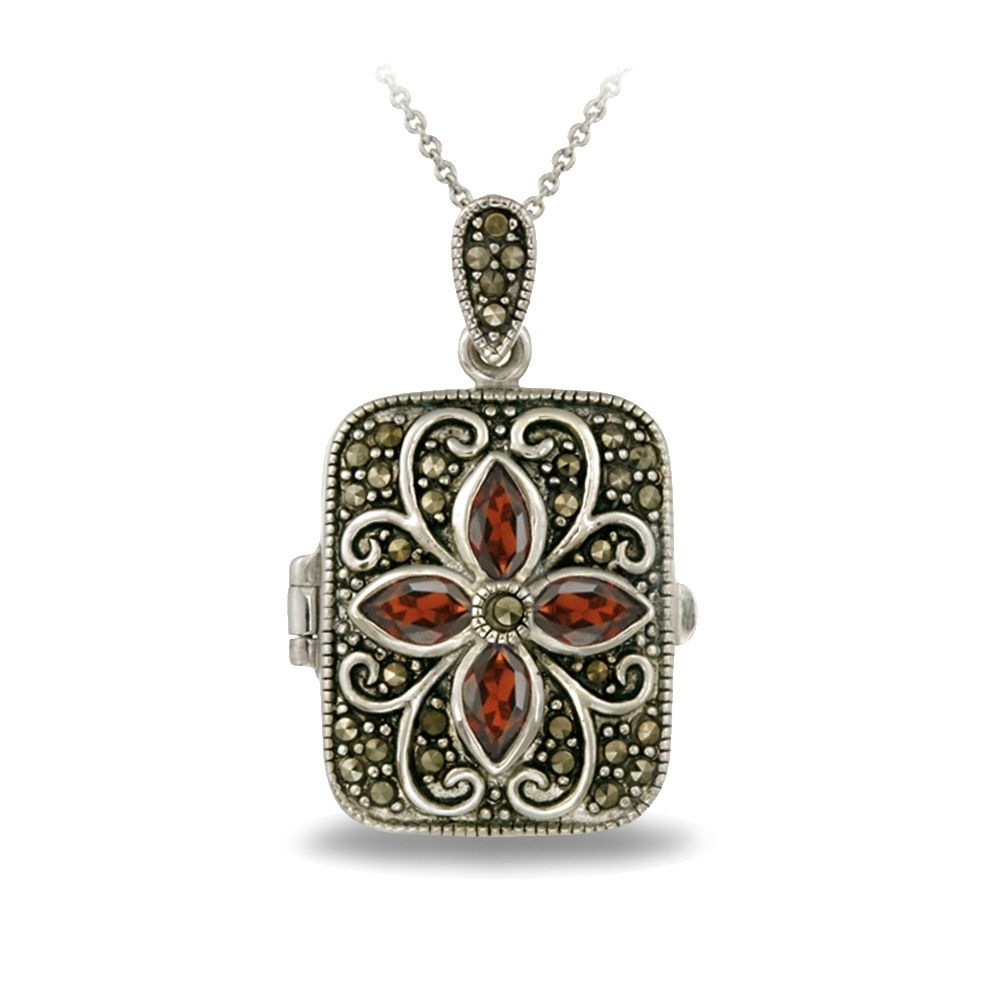Silberton Echtes Garnet Blume Marcasit Locket