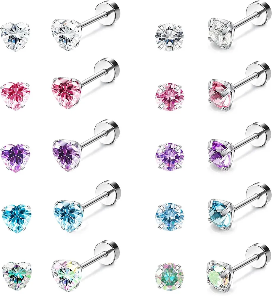10 Paare 18G Ohr-Stapel - Ohrringe für Frauen Edelstahl rundes Herz Kubik Zirkonia-Ohrringe Tragus Knorpel Piercing Barbell Screw Back Ohrring Set
