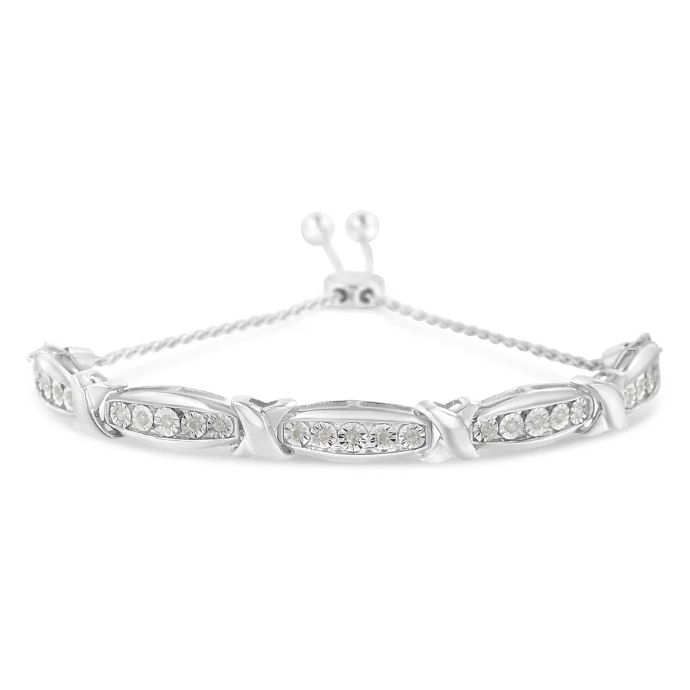 Round-Cut Diamond X & Tapered Bar Miracle-Set Bolo Armband (I-J Farbe, I3 Klarheit) - .925 Sterling Silber