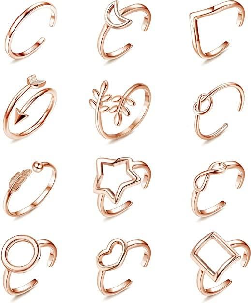 12pcs verstellbare Ringe für Frauen Mädchen Knuckel Stacking Ringe Open Ring Arrow Knoten Welle Stern Mond Kreis Stackable Daumen Open Ring Set