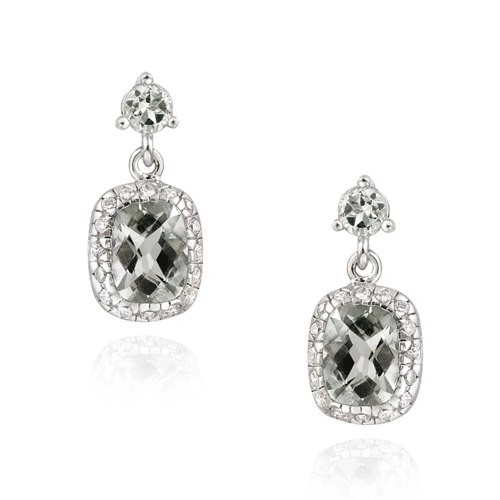 Sterling Silver Green Amethyst & CZ Rechteck Dangle Ohrringe