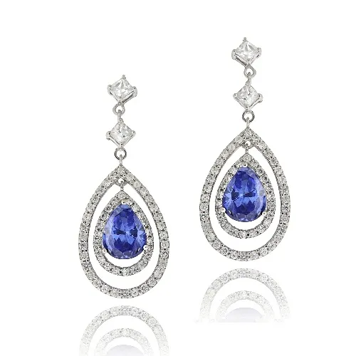 Sterling Silber Tanzanit & Weiß CZ Triple Teardrop Dangle Ohrringe