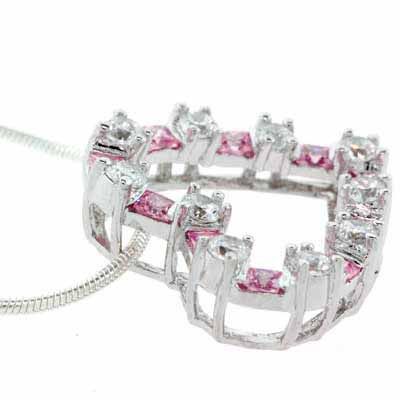 Sterling Silber Pink und simulierte Diamant CZ Quadrat und Kreis Herz Anhänger