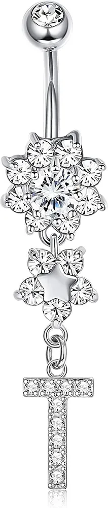 14G Dangle Bauchknopfringe für Frauen Edelstahl Nabelringe mit Initialen Clear CZ Bauchringe Barbell Body Piercing Schmuck