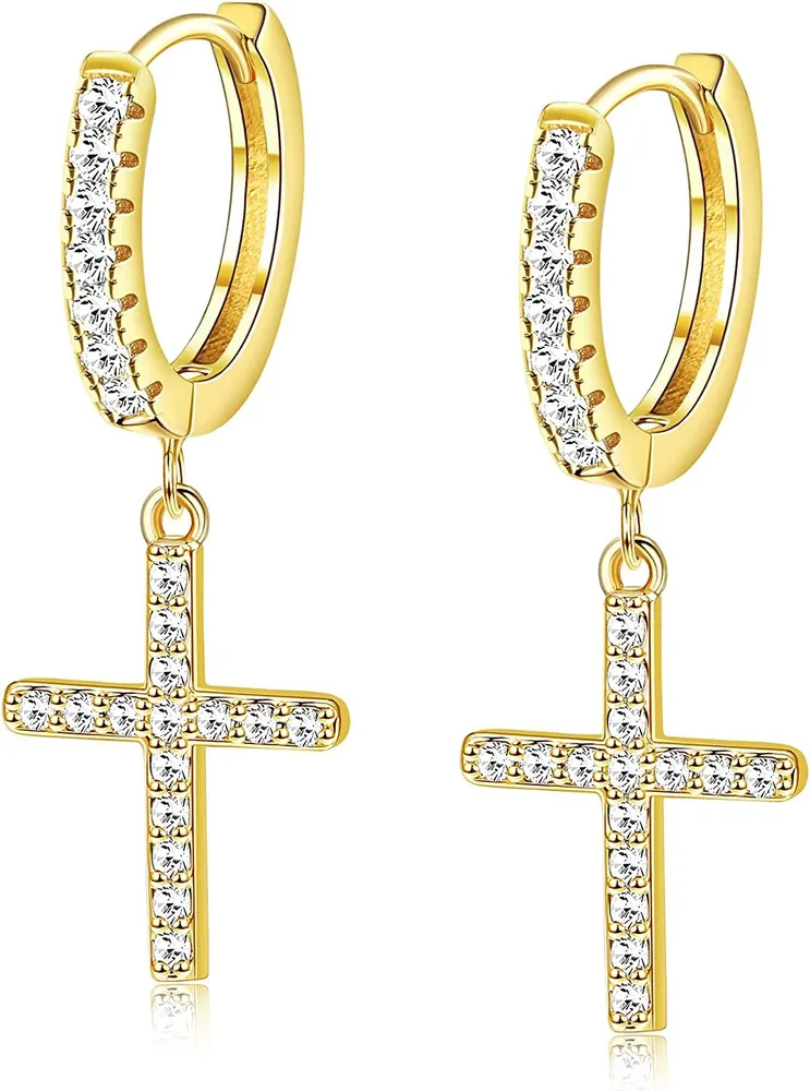 925 Sterling Silber Cross Hoop Ohrringe 18K Weißgold Plated Dangle Ohrringe Pflaster CZ Cross Huggie Drop Ohrringe für Frauen Mädchen