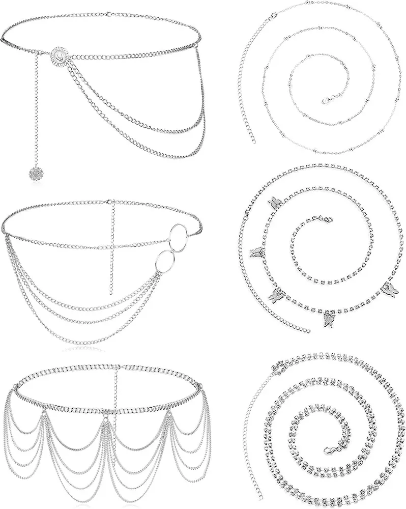 6 Stücke Strand Bikini Körperkette Multi-Layer Bauch Taille Kette Schmetterling Kubik Zirkonia Kette Gürtel; Bauchketten Charme Trendy Strand für Frauen