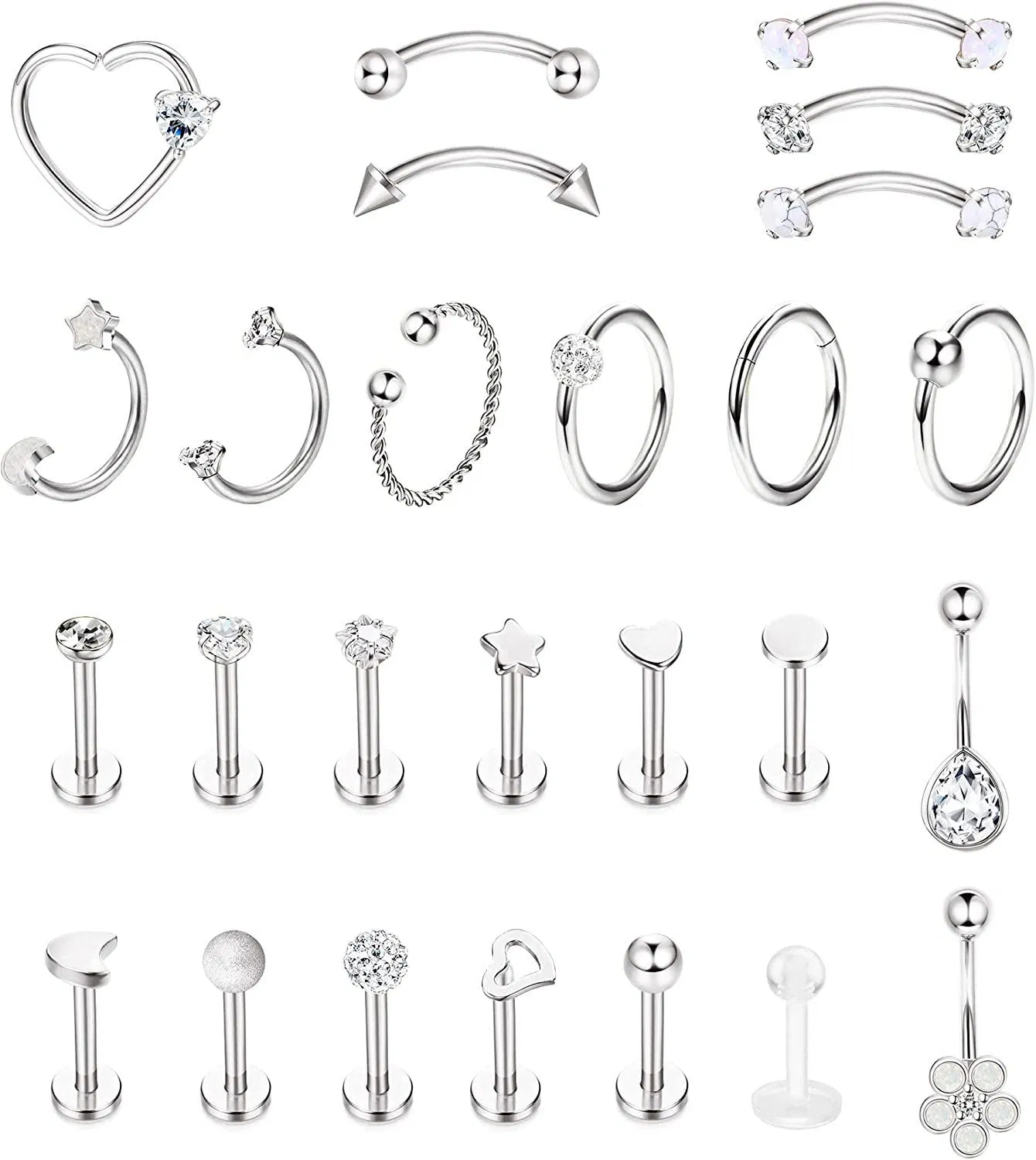 14G 16G hypoallergene Edelstahl gekrümmte Barbell Augenbrauenringe für Frauen Männer Rook Daith Knorpel Ohrringe Labret Lippen Monroe Ringe CZ Bauch Knopf Ring