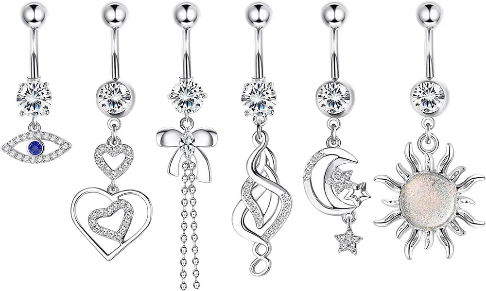 6pcs Dangle Bauchknopf Ringe Chirurgische Edelstahl für Frauen Sonne Blumen Mond Herz böse Auge 14G Nabel Ringe Barbell CZ Körper Piercing Schmuck