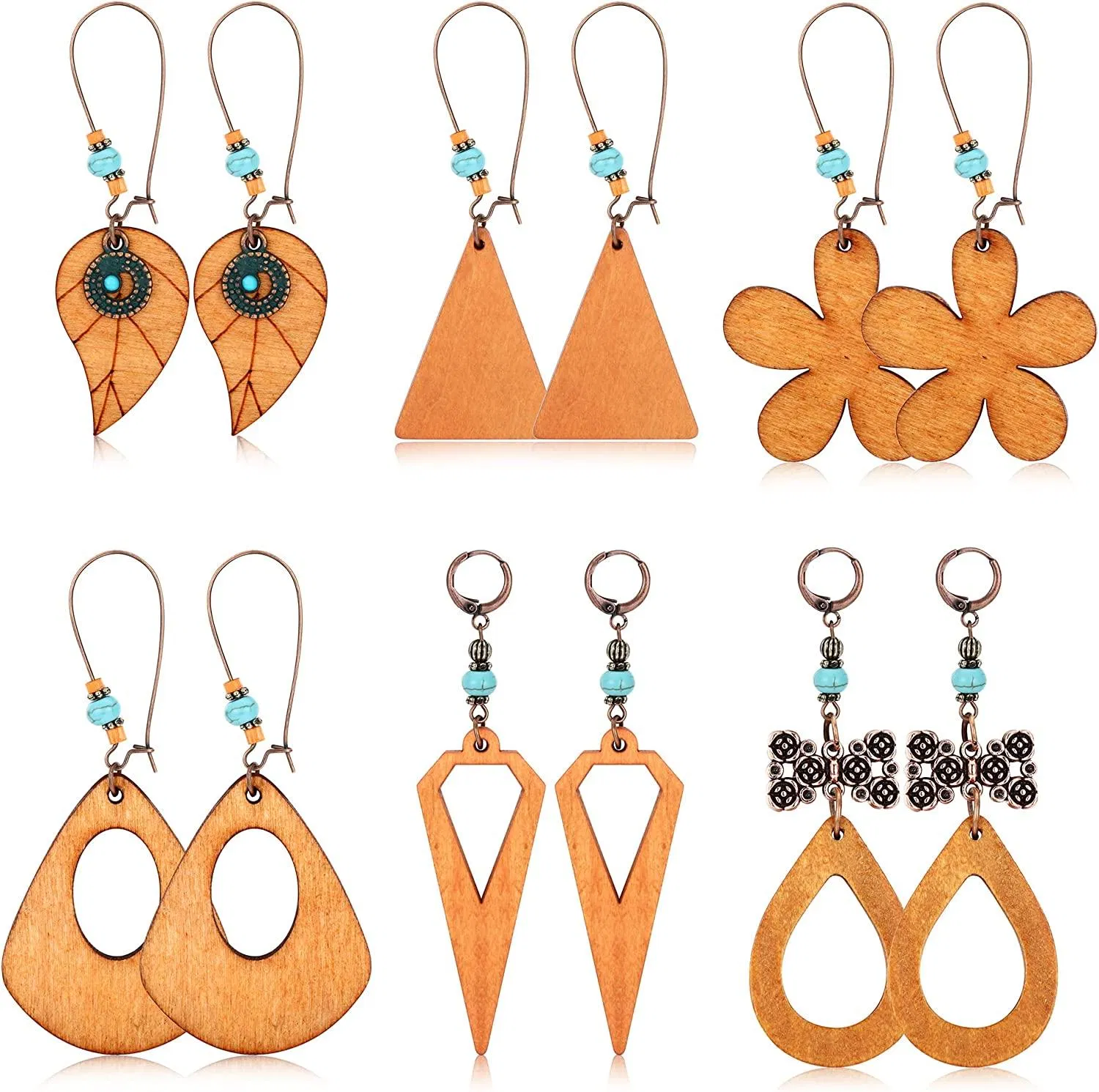 6Paare Holz-Clip auf Ohrringe natürliche Holz Dangle Ohrringe Leichtgewicht Non-Piercing Ohrringe für Frauen