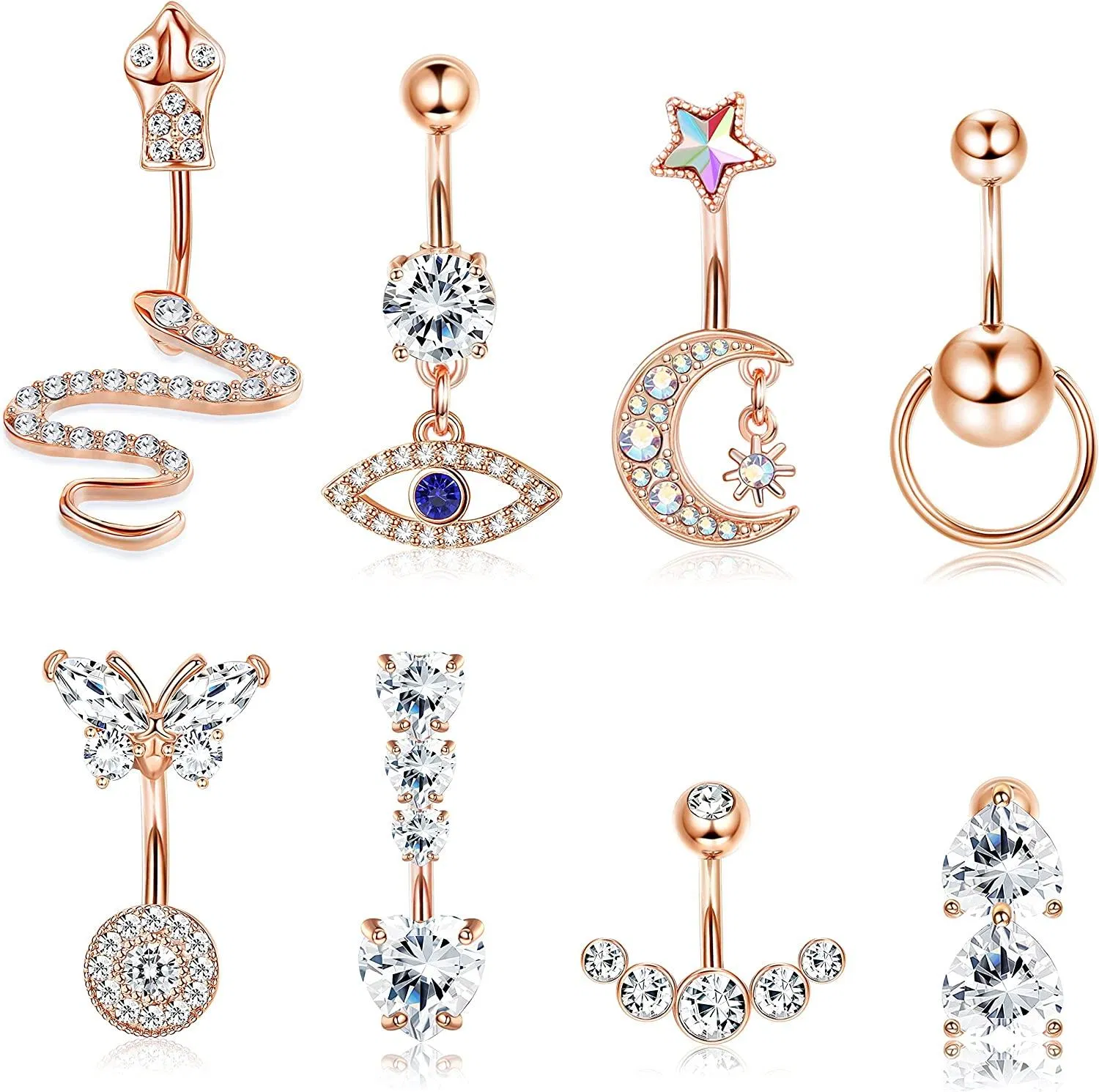 8pcs 14G Bauchnabel Bars Ringe Dangle für Frauen Chirurgische Schlange Clear CZ Piercing Dangly Navel Ringe Mond Navel Piercing für Frauen Kit